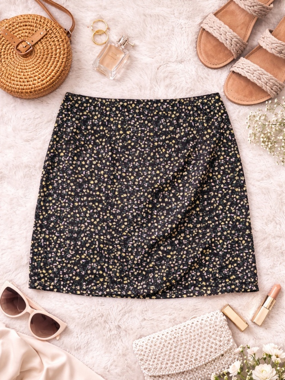 Elodie Black Mini Skirt with Yellow & Pink Ditsy Floral Print